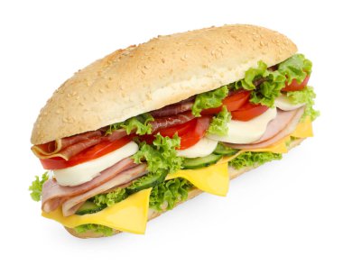 Jambonlu, peynirli ve sebzeli baget sandviç.