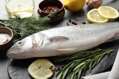 Gri masadaki baharatlı taze çiğ deniz kabuğu, yakın plan. Balık ve deniz ürünleri lezzetleri