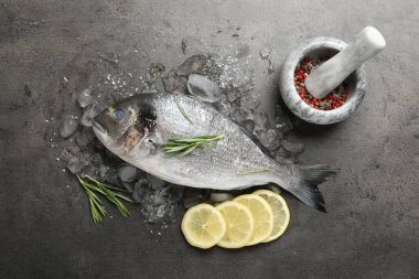 Taze çiğ dorado balığı, buz, limon dilimleri ve gri masada biberiye. Organik deniz ürünleri