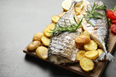 Gri masada baharatlı ve sebzeli kızarmış uskumrular, yakın plan. Ev yapımı deniz ürünleri yemeği.