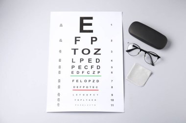 Beyaz arka planda görme testi çizelgesi, gözlük, çanta ve temizlik bezi, düz konum