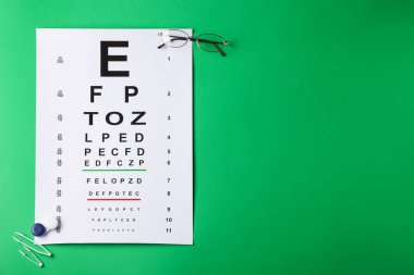 Yeşil arka planda vizyon testi çizelgesi, gözlükler, lensler ve cımbızlar düz konumda. Metin için boşluk