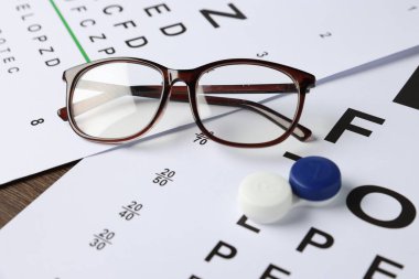 Görüş test grafikleri, lensler ve gözlükler masada, yakın plan