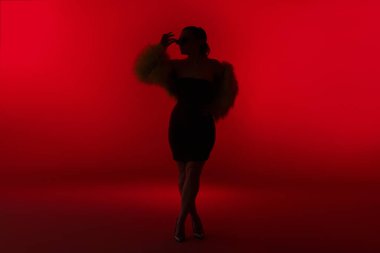 Kırmızı arka planda poz veren şık kıyafetli kadın silueti.