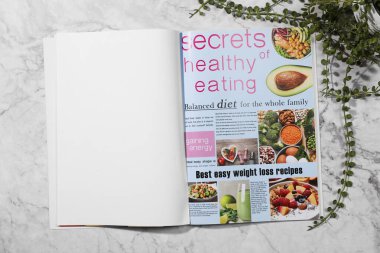 Açık dergi ve bitki beyaz mermer arka plan, üst manzara. Tasarım için model