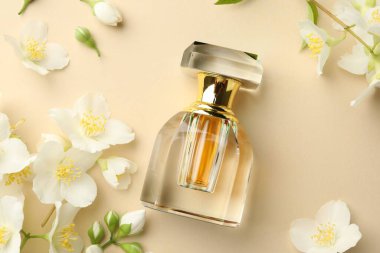 Bir şişe parfüm ve güzel yasemin çiçekleri bej arka planda, düz yerde