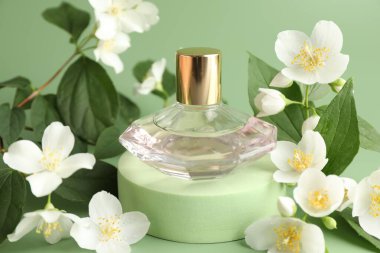 Yeşil arka planda bir şişe parfüm ve yasemin çiçeği, yakın plan.