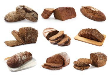 Beyaz arka planda taze pişmiş ekmek, kolaj. Tam ve kesin.