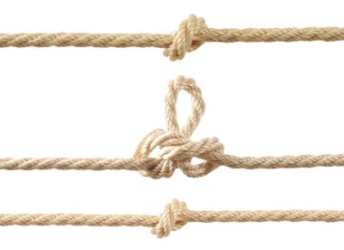 Farklı düğümlere sahip halatlar beyaz üzerine izole edilmiş, set