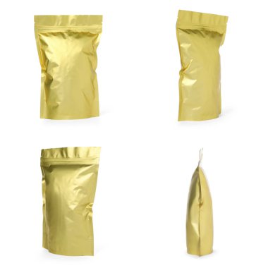 Beyaz arka planda parlak fermuarlı stand-up kesesi, kolaj. Farklı taraflardan görünüm