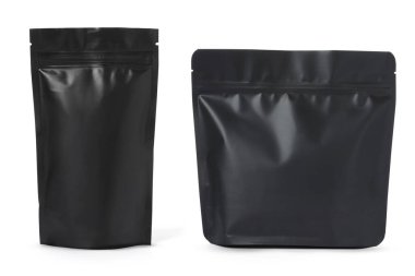 Beyaz arka planda siyah fermuar stand-up kesesi, kolaj. Tasarım için model