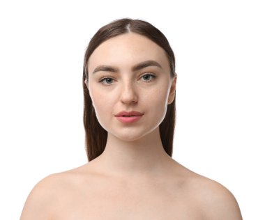 Beyaz arka planda güzel bir kadının portresi. Kozmetoloji ve cilt bakımı