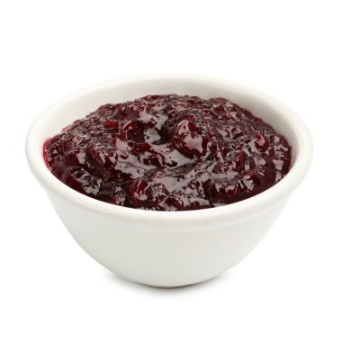 Beyaz kasede izole edilmiş kiraz reçeli.