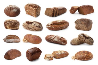 Beyaz arka planda taze pişmiş ekmek, kolaj. Tam ve kesin.