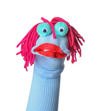 Beyaz saçlı, komik çorap kuklası.