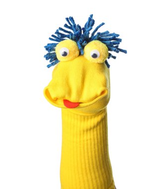 Beyaz saçlı, komik çorap kuklası.