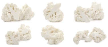 Beyaz arka planda taze taze karnabahar çiçekleri kes, kolaj