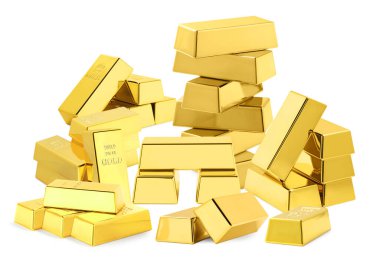 Beyaz arkaplanda birçok parlak altın çubuk, set