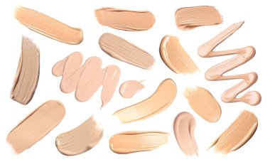 Beyaz arka planda farklı tonlarda deri temeli, set. Kozmetik ürün paleti