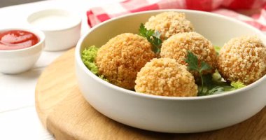 Maydanozlu ve soslu kızarmış köfteler beyaz ahşap masada, yakın plan.