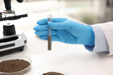 Laboratuvardaki beyaz masada test tübü toprak örneği olan bilim adamı, yakın plan.