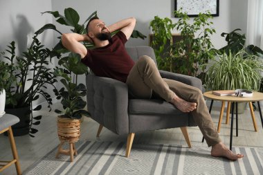 Uyum. Evdeki rahat koltukta dinlenen adam.