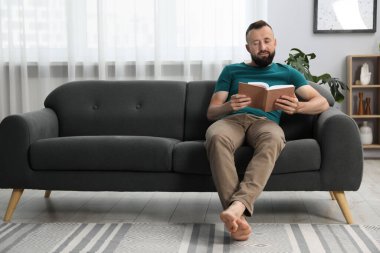 Uyum. Evdeki kanepede kitap okuyan adam.