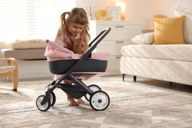 Evinde oyuncak bebek arabasında kızıl kedisi olan sevimli küçük bir kız.
