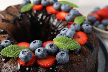 Çilekli, nane ve böğürtlenli lezzetli çikolatalı kek, yakın plan.