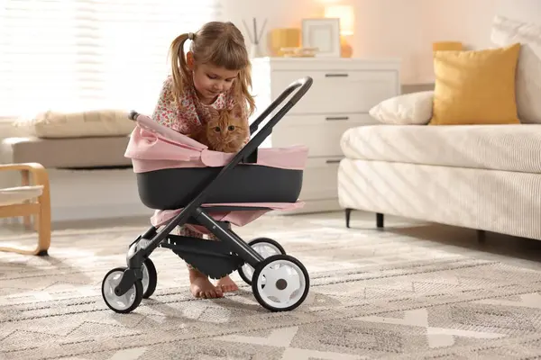 Evinde oyuncak bebek arabasında kızıl kedisi olan sevimli küçük bir kız.