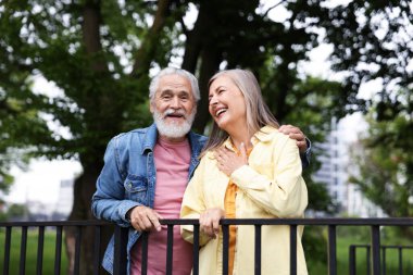 Parkta birlikte yürüyen sevimli yaşlı çift.