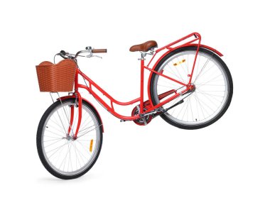 Beyaz arka planda sepeti olan bir bisiklet.