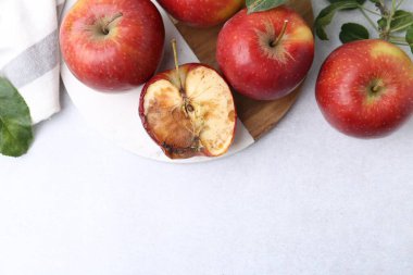 Şımarık elma ve iyi elmalar beyaz masada, düz yerde. Metin için boşluk