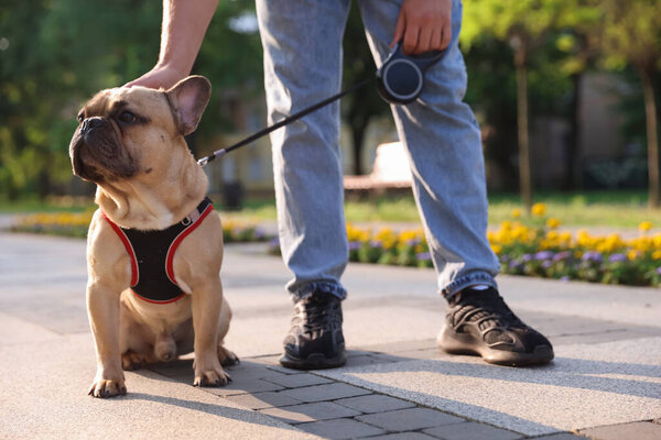 Man with his cute French bulldog in park, closeup