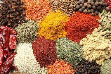 Arka plan olarak birçok farklı baharat, üst görünüm
