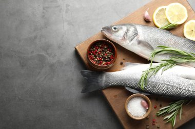 Gri masadaki baharatlı taze çiğ deniz kabuğu balığı, yazı için üst manzara ve boşluk. Deniz ürünleri lezzetleri.