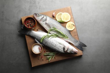 Gri masadaki baharatlı taze çiğ deniz kabuğu. Balık ve deniz ürünleri lezzetleri