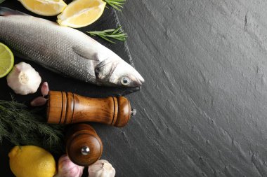 Siyah masadaki baharatlı taze çiğ deniz kabuğu balığı, düzlük ve yazı için boşluk. Deniz ürünleri lezzetleri.