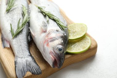 Beyaz masadaki baharatlı taze çiğ deniz kabuğu, yakın plan. Balık ve deniz ürünleri lezzetleri