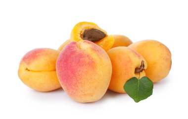 Taze taze kayısılar ve beyaz yapraklı yeşil yapraklar.