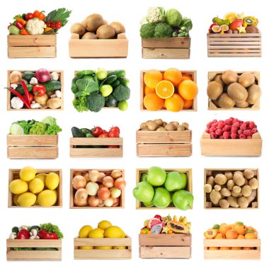 Tahta sandıklardaki taze meyve ve sebzeler beyaz kolaj üzerine izole edilmiş. Üst ve yan görünüm