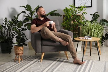 Uyum. Evdeki koltukta içki içen adam.