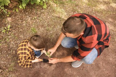 Baba ve oğlu dışarıdaki toprağa ağaç dikiyorlar.