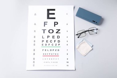Beyaz arka planda görme testi çizelgesi, gözlük, çanta ve temizlik bezi, düz konum