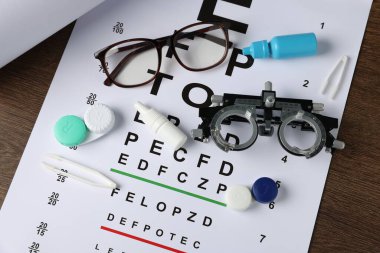 Vizyon testi çizelgesi, gözlük, deneme çerçevesi, lensler, cımbız ve şişeler ahşap masa, üst görüş