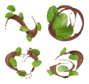 Çikolata damlaları ve nane yaprakları beyaz arka planda, set