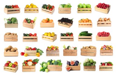 Tahta sandıklardaki taze meyve ve sebzeler beyaz, kolaj üzerine izole edilmiş.