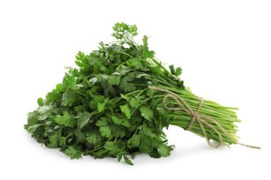 Bir grup taze kişniş beyaz üzerine izole edilmiş.