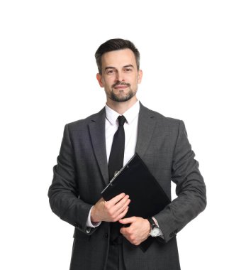 Beyaz arka planda panosu olan profesyonel psikolog.