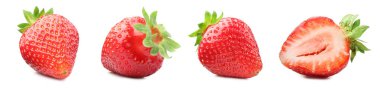 Beyaza izole edilmiş taze sulu çilekler, kolaj. Tam ve dilimlenmiş.